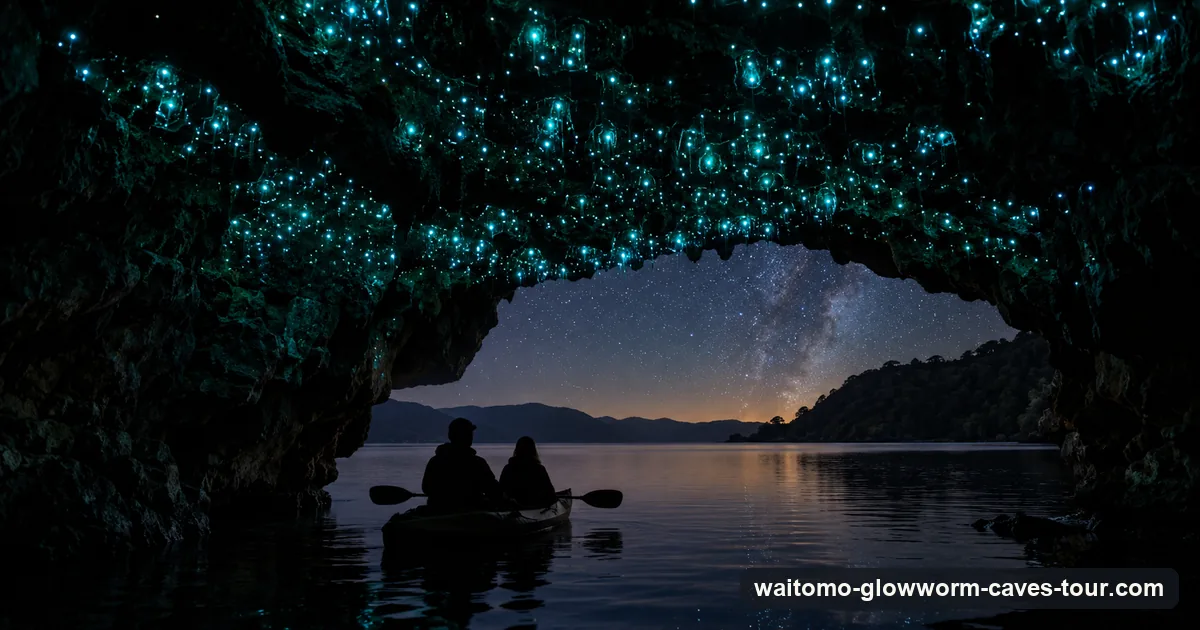 Illustration of two kayakers in silhouette in a small lakeside cave lit by glowworms at night